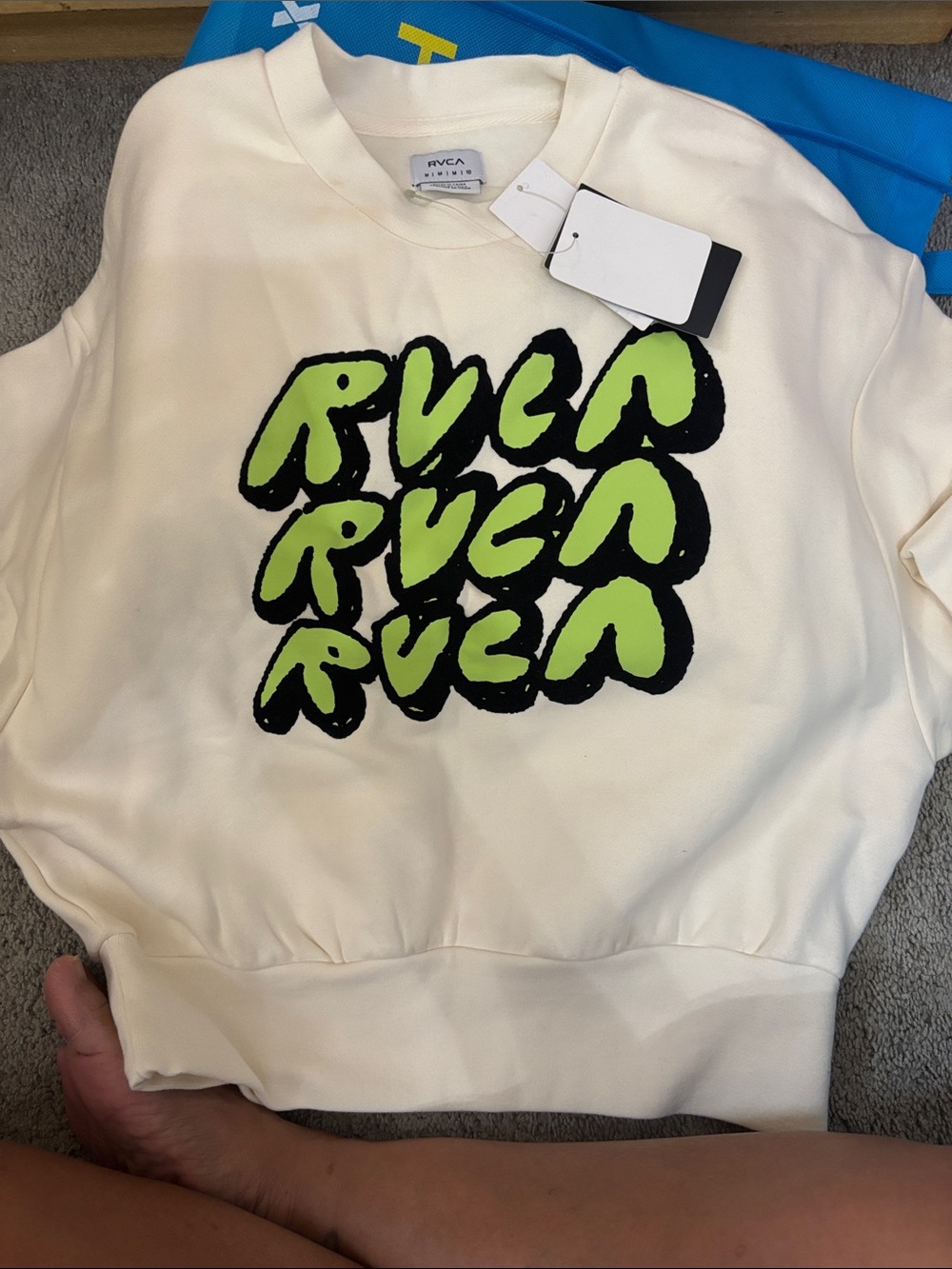 RVCA Cream Crewneck Sweatshirt with Lime Green Logo